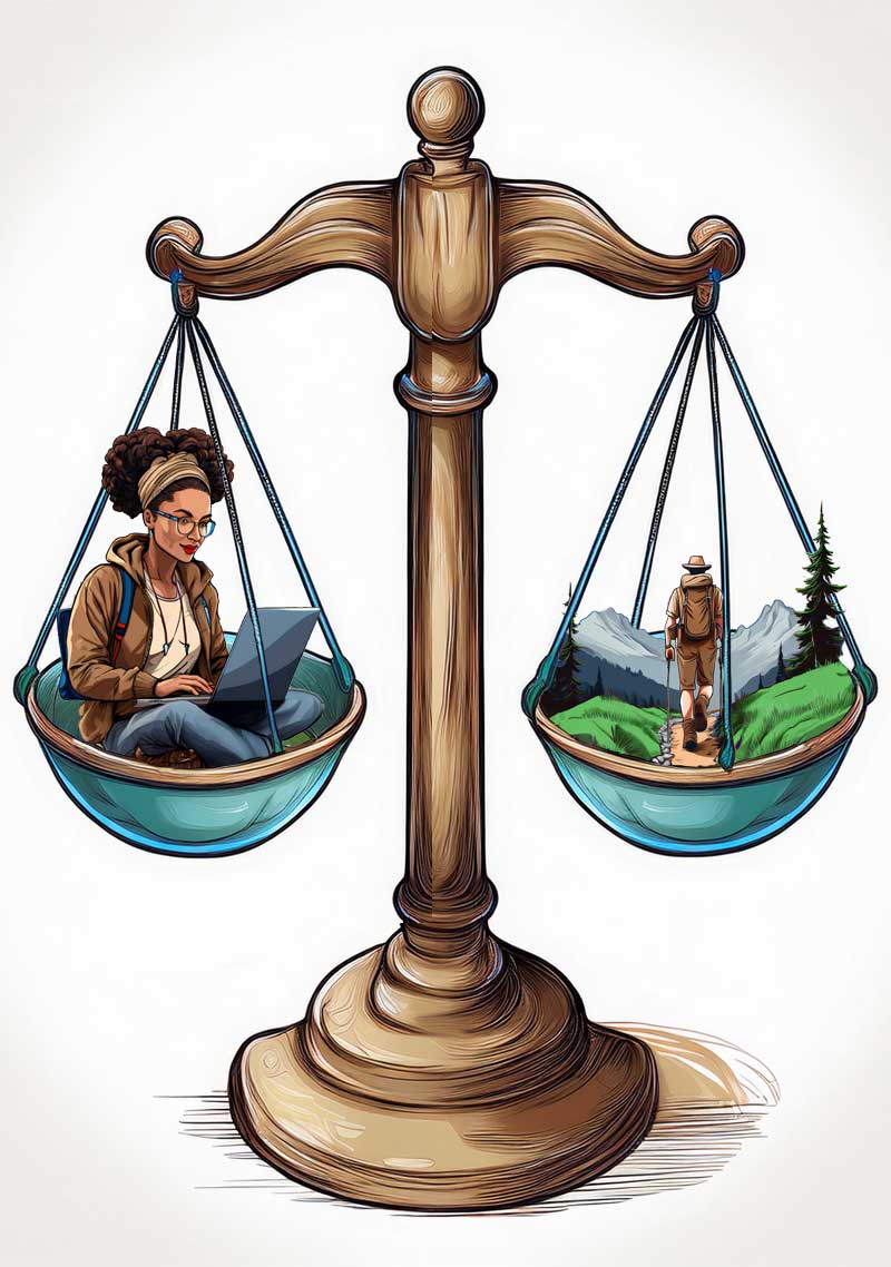 illustration of a woman working on her laptop on one side of a balance scale and a person hiking in the mountains on the other side
