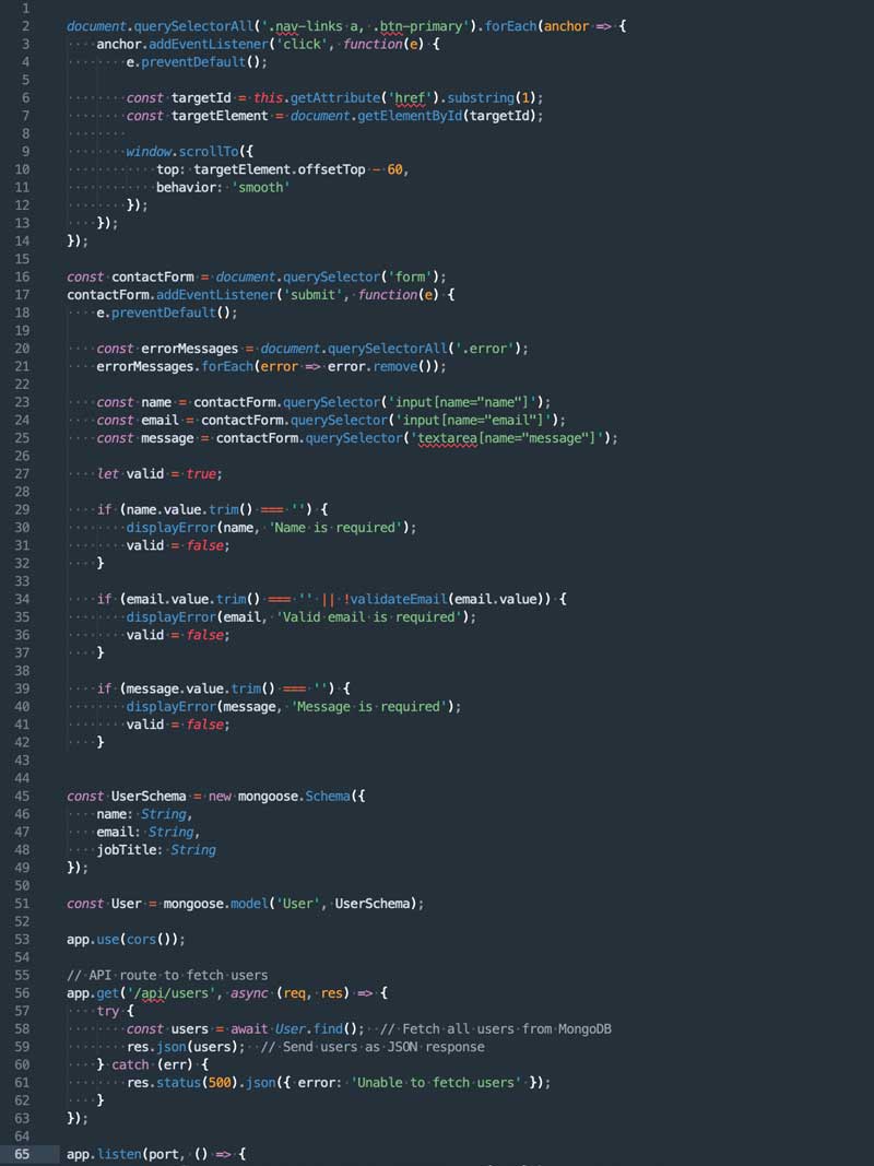 screenshot of example frontend code
